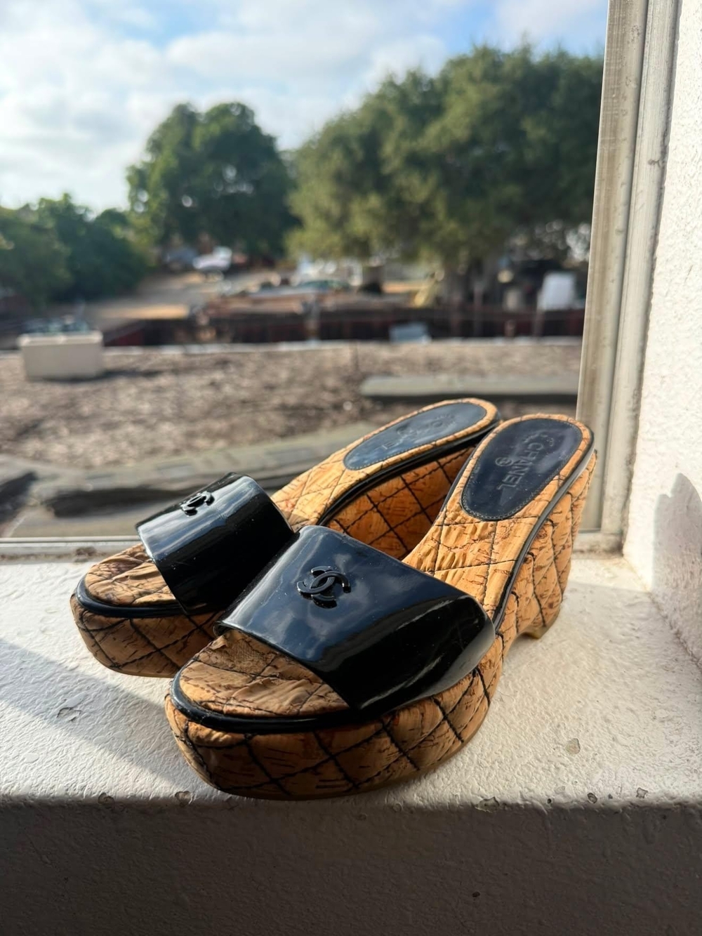 CHANEL Black Patent Cork Platform Slide Mules